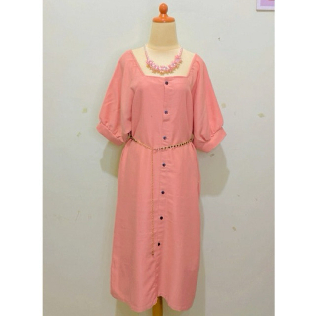 Dress korean look midi mini vintage basic bahan katun poplin import warna pink peach salem basic - D