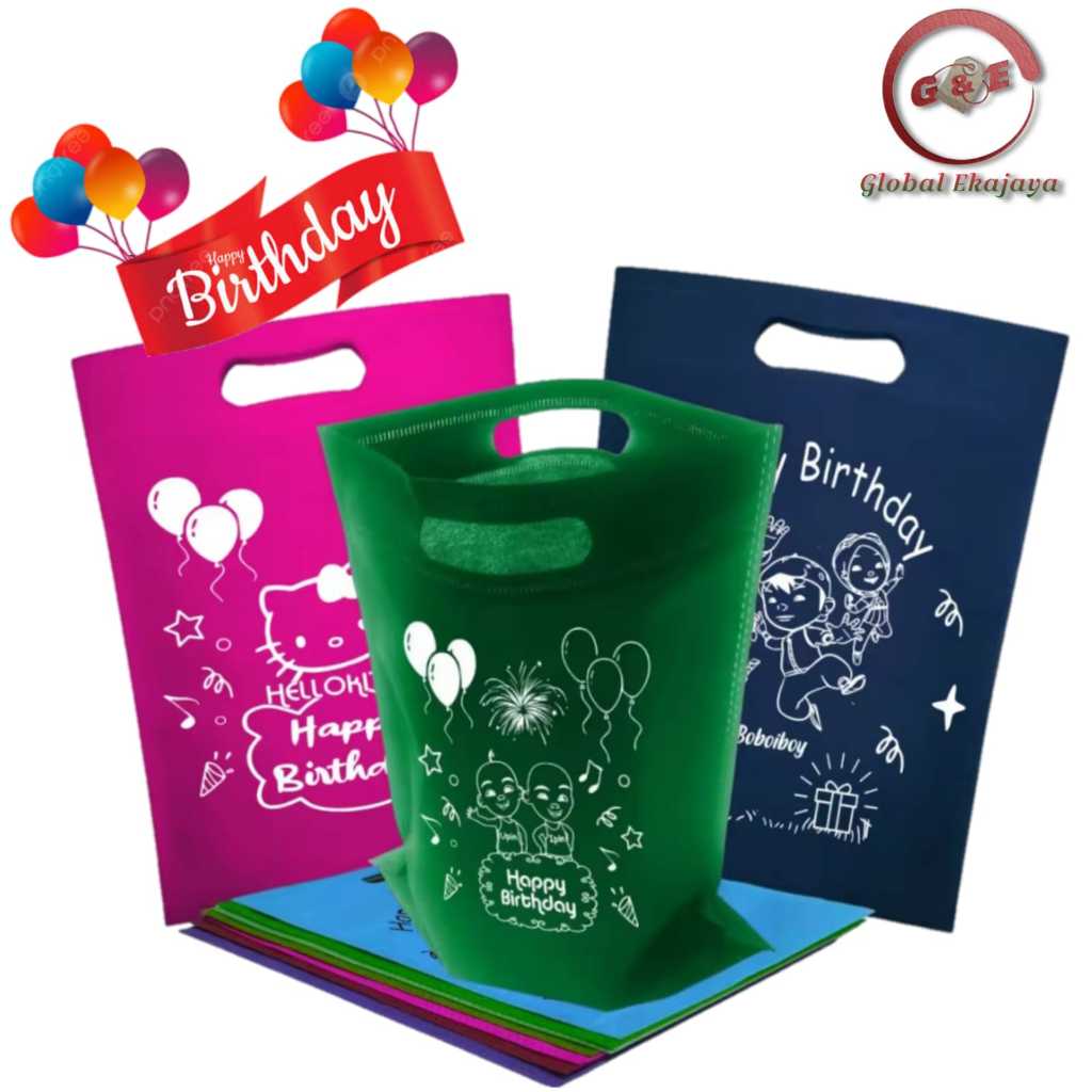 

Model Oval Tas Kain Spunbond Goodie Bag Tulisan Happy birthday Ukuran Snack 25x35 cm Goodybag Untuk Kantong hampers Souvenir Ultah Murah Kustom Sablon Karakter Kartun Selamat Ulang Tahun anak Pengganti Plastik & Paper bag