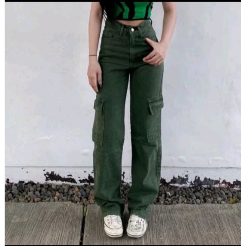 CELANA CARGO HIGHWAIST JEANS WANITA/CELANA CARGO VINTAGE/CELANA JEANS CARGO