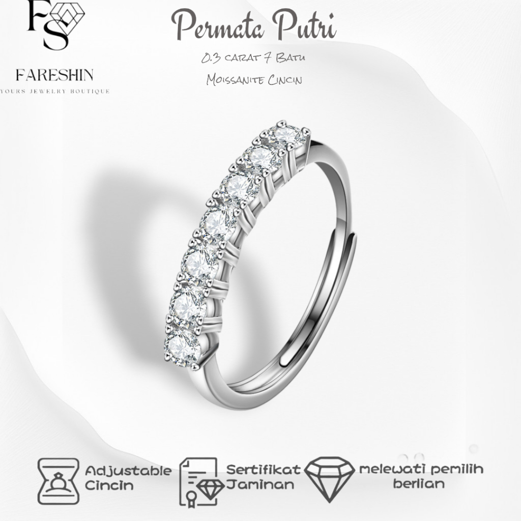 Fareshin Cincin Wanita Moissanite Original Sertifikat GRA Princess 7 Batu Permata Ring