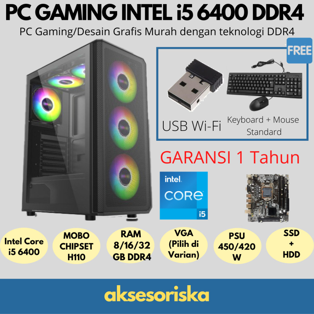Paket PC Rakitan Komputer CPU PC Gaming Intel Core i5 6400 DDR4 VGA GAMING