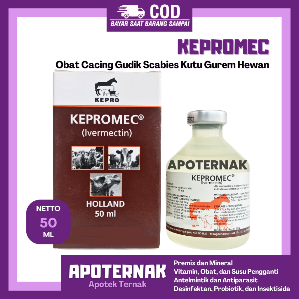 KEPROMEC INJEKSI 50 ML - Obat Anti Parasit endo dan Ekto Cacing Gudig Gudik Scabies Kutu Gurem Hewan