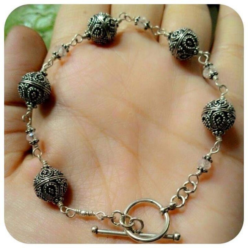 gelang perak bali motif bakar mix crystal