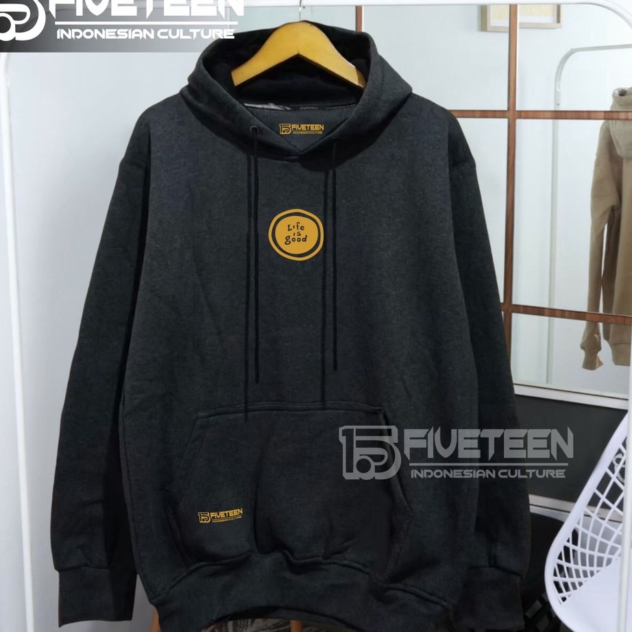 Terlaku jaket distro original brand 15fifteen15 warna abu tua list sablon life is good hoodie cowok 
