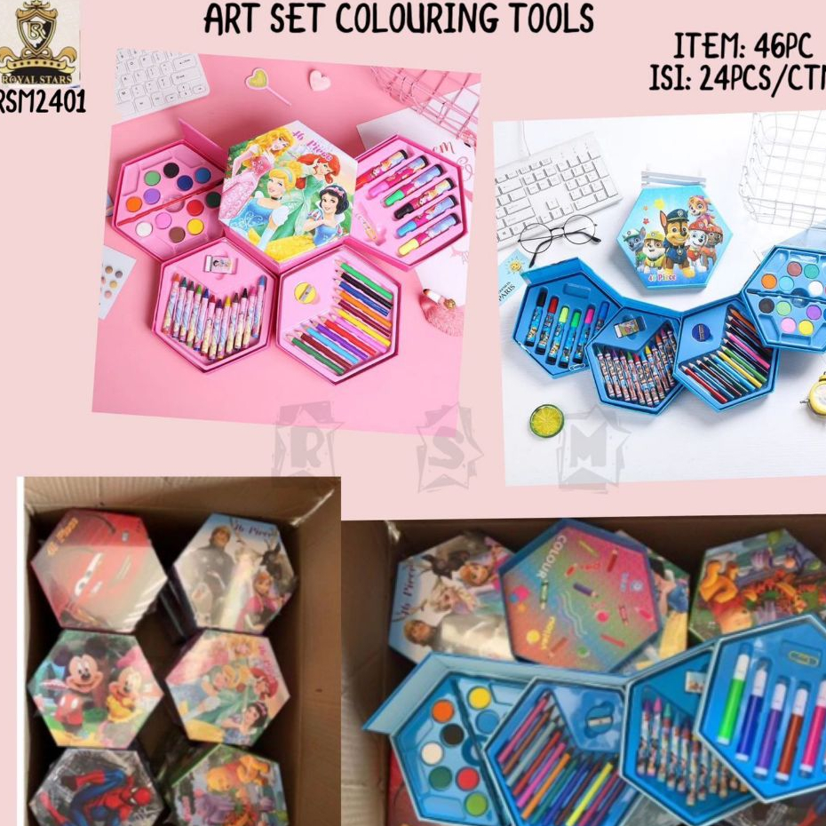 

art set pensil warna spidol crayon set isi 46 pcs hexagonal laki / perempuan indihe