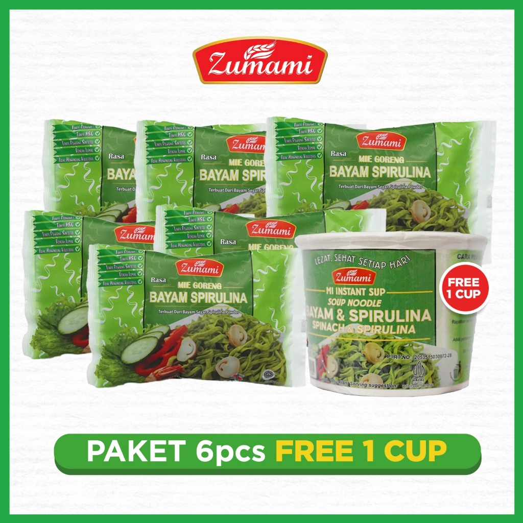 

PAKET MIE GORENG SAYUR ZUMAMI BAYAM SPIRULINA BELI 6 PCS FREE MIE CUP