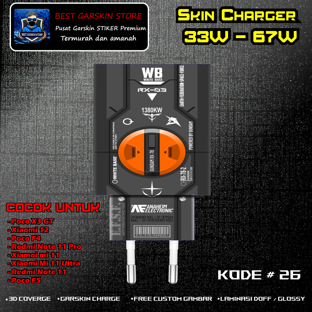 Skin Sticker Charger POCO X3 GT, POCO F4, Poco F5 Kode # 26-30 Motif Bisa Custom 