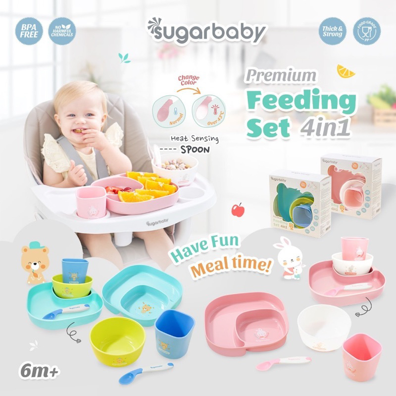 DINO AND BUNNY - PREMIUM FEEDING SET 4in1 SUGAR BABY - Set Piring Mangkok Gelas dan Sendok Mpasi Ana