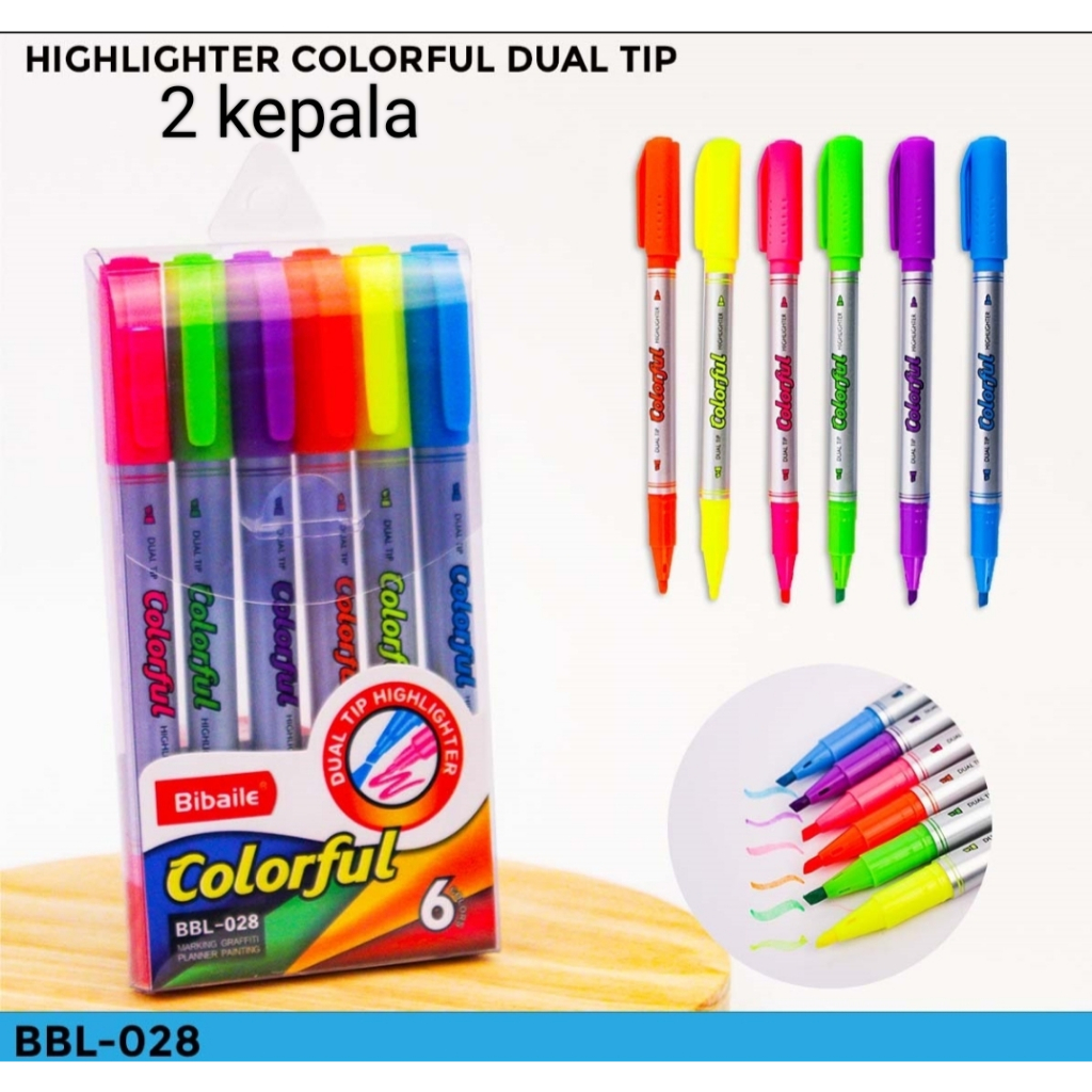 

HIGHLIGHTER 1 SET 6 WARNA DUAL TIP / 2 KEPALA BBL-028 COLORFUL