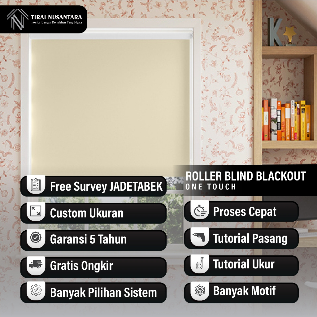 Roller Blind Blackout Chain One Touch/SP /Tirai Gulung Gorden Minimalis Custom/100% Full Blok Cahaya