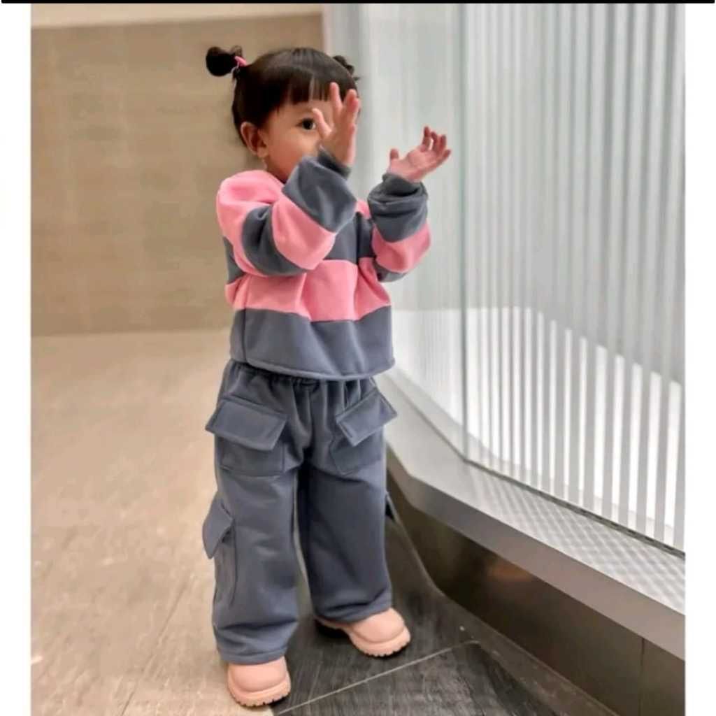 SETELAN ANAK PEREMPUAN SALUR CELANA PANJANG CARGO UMUR 1-5 TAHUN/PAKAIAN ANAK PEREMPUAN NINE SIX STO