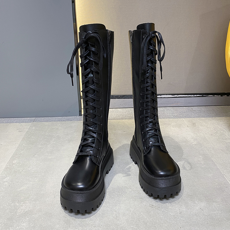 PREMIUM Sepatu High Heels Boots Panjang Tinggi Hitam Putih Bot Hak Platform Wanita Korea Casual