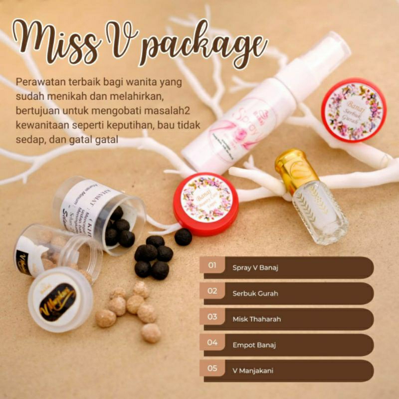 PAKET MISS V BANAJ/SERBUK GURAH BANAJ/SPRAY V BANAJ/MISK THAHARAH BANAJ/EMPOT BANAJ/PIL MANJAKANI BA