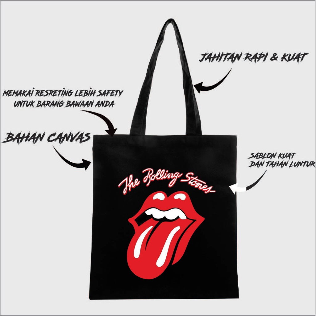 TOTEBAG ROLLING STONE BAHAN CANVAS DRILL TEBAL / TOTEBAG MUSIC ROLLING STONE / TOTEBAG BAND ROLLING 