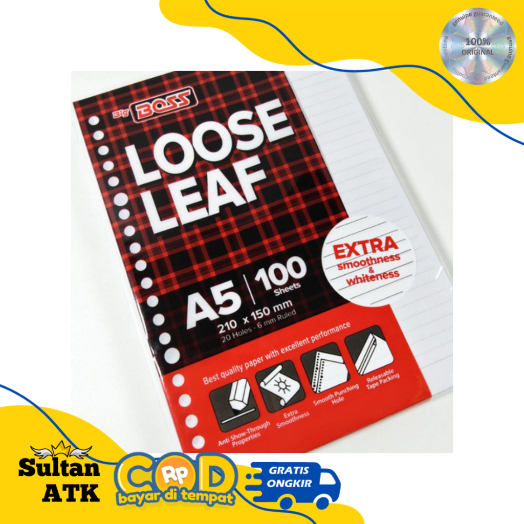 

ISI KERTAS BINDER A5 GARIS / LOOSE LEAF BIG BOSS A5 20 HOLES ( 100 SHEETS )