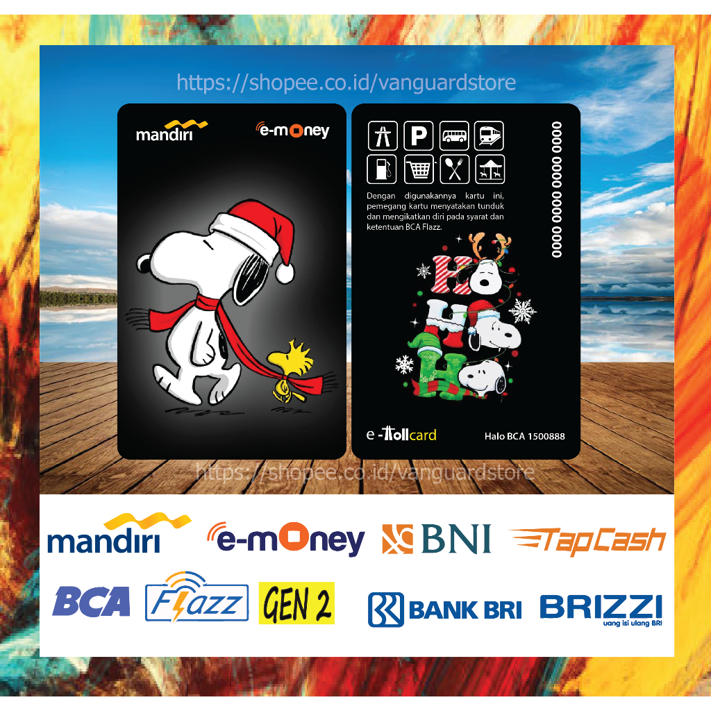 KARTU E MONEY E TOLL KARTUN SNOPPY NATAL BLACK EMONEY MANDIRI FLAZZ BCA BNI TAPCASH BRIZZI BRI