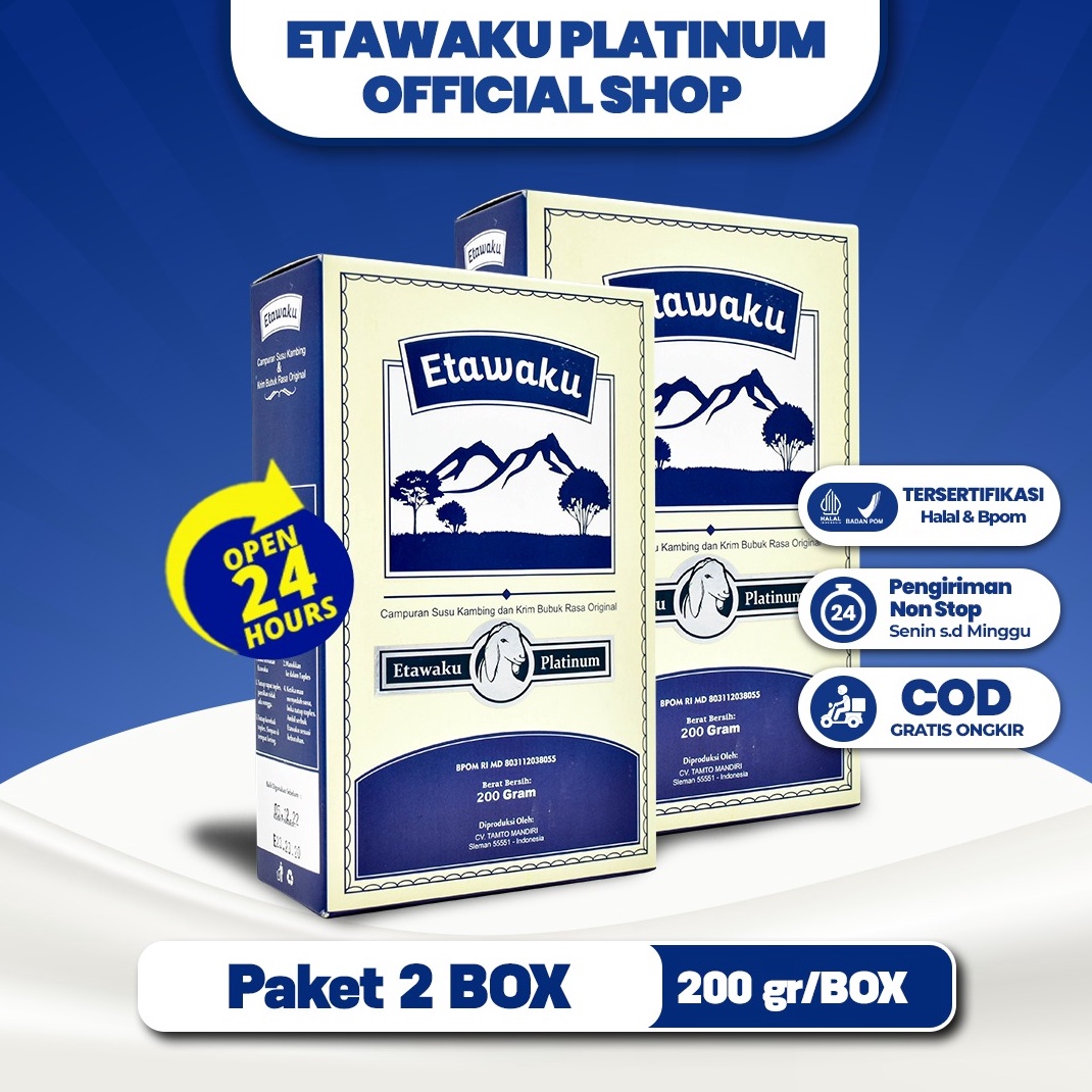 

1212 Product HOT Etawaku Platinum Paket 2 Box Susu Kambing Etawa Murni Krimer Bubuk yang Berkhasiat Tinggi Memiliki Kandungan Protein dan Vitamin Kompleks yang lengkap dan Rendah Lemak serta Dapat Mengatasi Nyeri Persendian serbuuu
