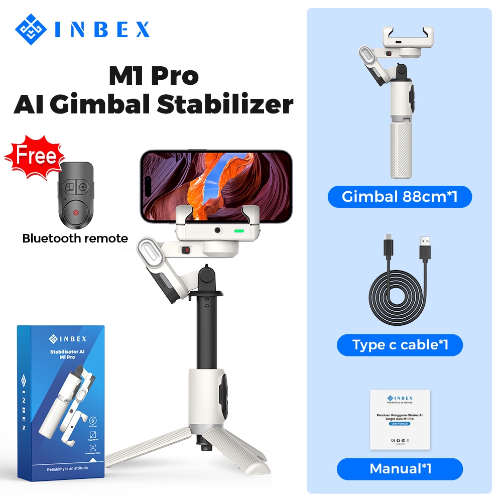 INBEX M1/M2 Gimbal Stabilizer Handphone AI Face Tracking No need APP 153cm Tongsis tripod multifunctional Stabilizer-M1 Putih