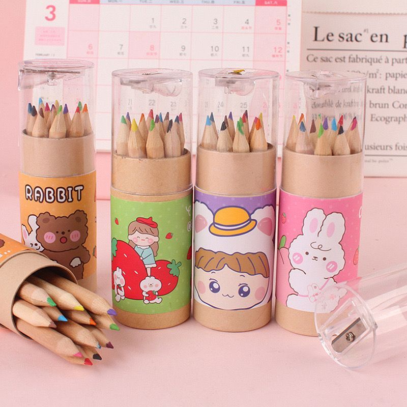 

#DS101 Pensil Warna Set Peraut 12 in 1 Kemasan Tabung / Pensil Warna Tabung Karakter Lucu / Coloring Pensil