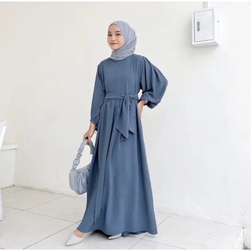SLAVINA ABAYA DRESS CRINKLE LEBAR WANITA GAMIS LEBAR LENGAN BALON DRESS KONDANGAN LEBARAN GAMIS POLO