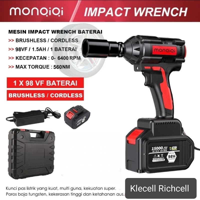 Monqiqi 98Vf impact wrench baterai torsi besar 560NM impek pembuka baut motor/mobil mesin impact wre