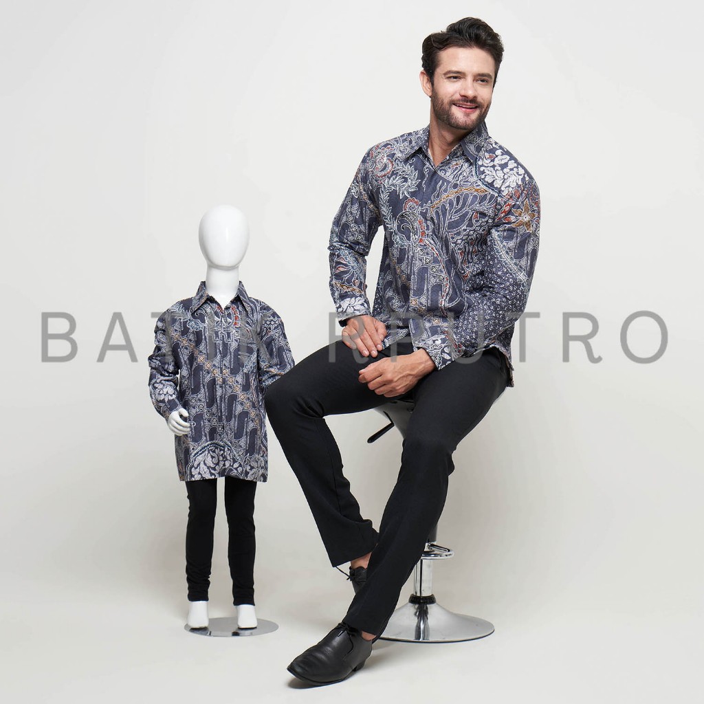 Batik Couple Ayah Anak Warna Abu Tua, lengan panjang lapisan furing warna abu abu,kemeja batik anak