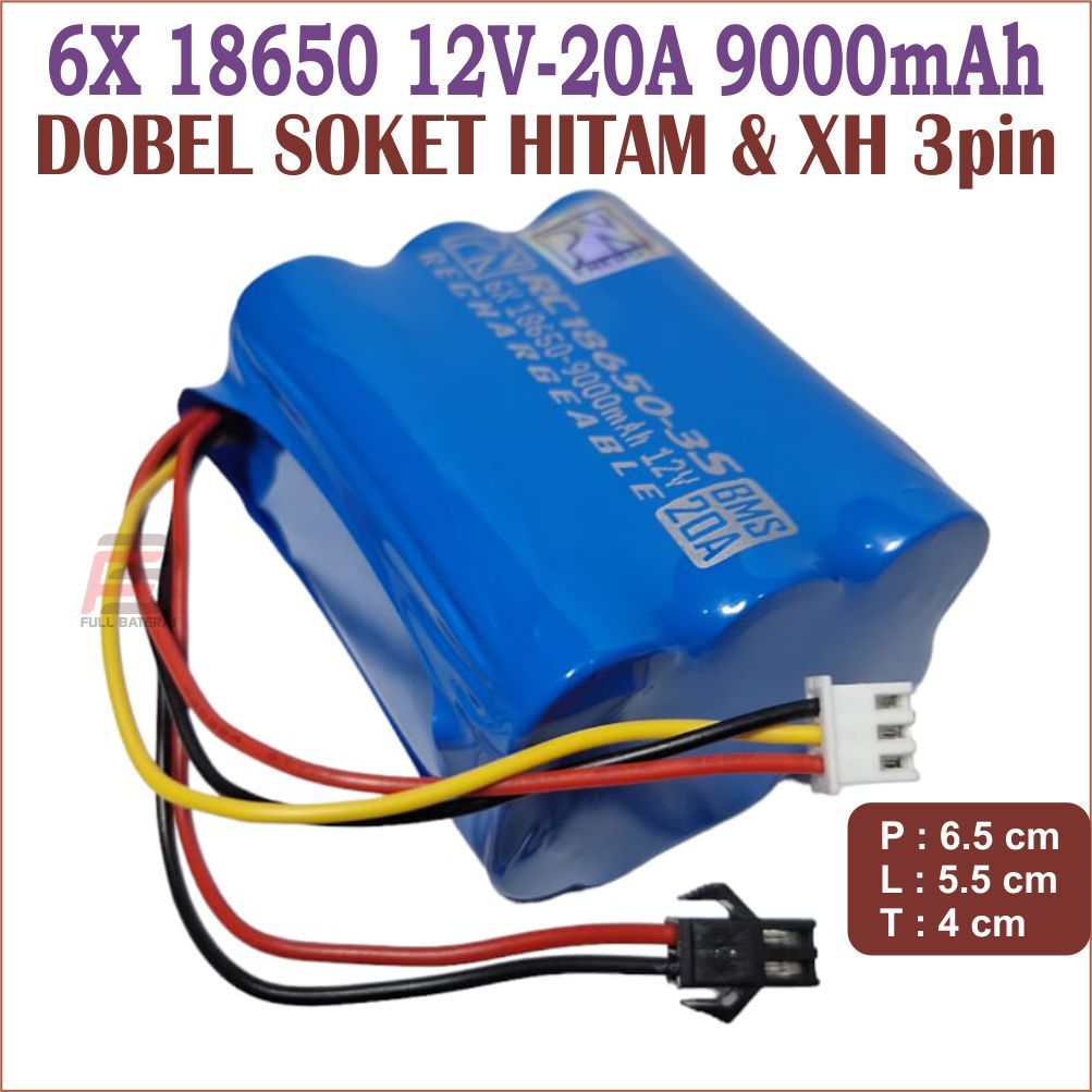 Baterai Mainan RC, Speaker, Li-ion 6X 18650 3S 12V 20A 9000mAh Soket Putih HITAM & XH 3pin