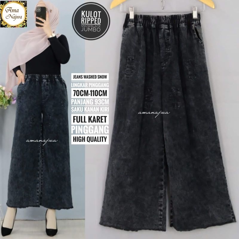 KULOT RIPPED JUMBO | CELANA JEANS SNOW WASH FULL KARET PINGGANG by AMANAJWA