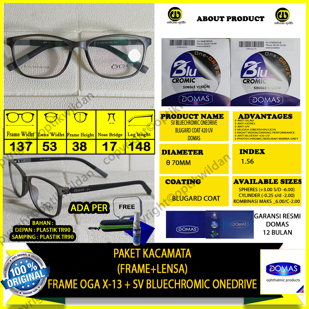 PAKET KACAMATA BLUECHROMIC ONEDRIVE DOMAS UV420+CUT SHMC BLUGARD COAT FRAME OGA X-13