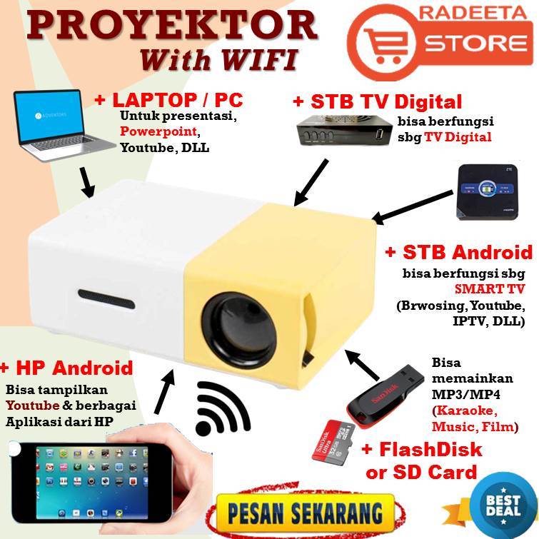 LED Proyektor plus WIFI - Cheerlux C10 - YG300 - Bisa Dihubungkan ke HP Android - Fitur Lengkap with