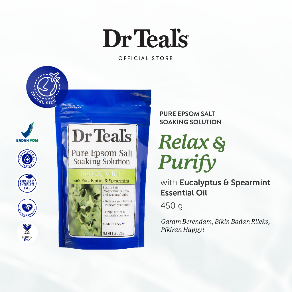 Dr Teal's Pure Epsom Salt Soaks/Garam Berendam - Eucalyptus & Spearmint Essential Oil 450 GR