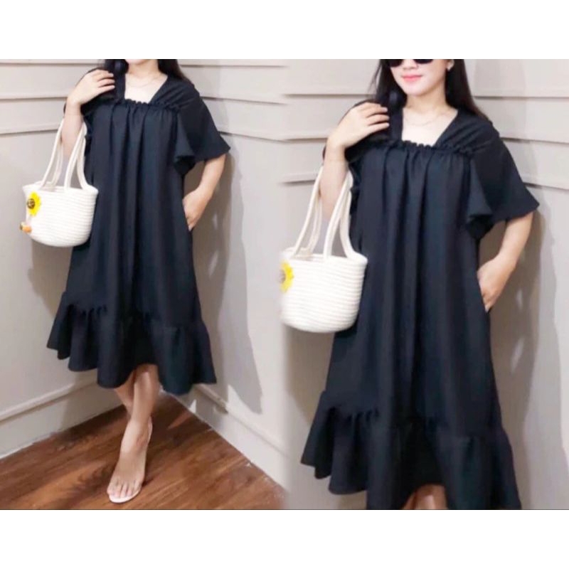 NEW FUJI  DRESS LENGAN PENDEK SABRINA DRESS KEKINIAN DRESS WANITA KOREAN STYLE A LINE BODY CONE