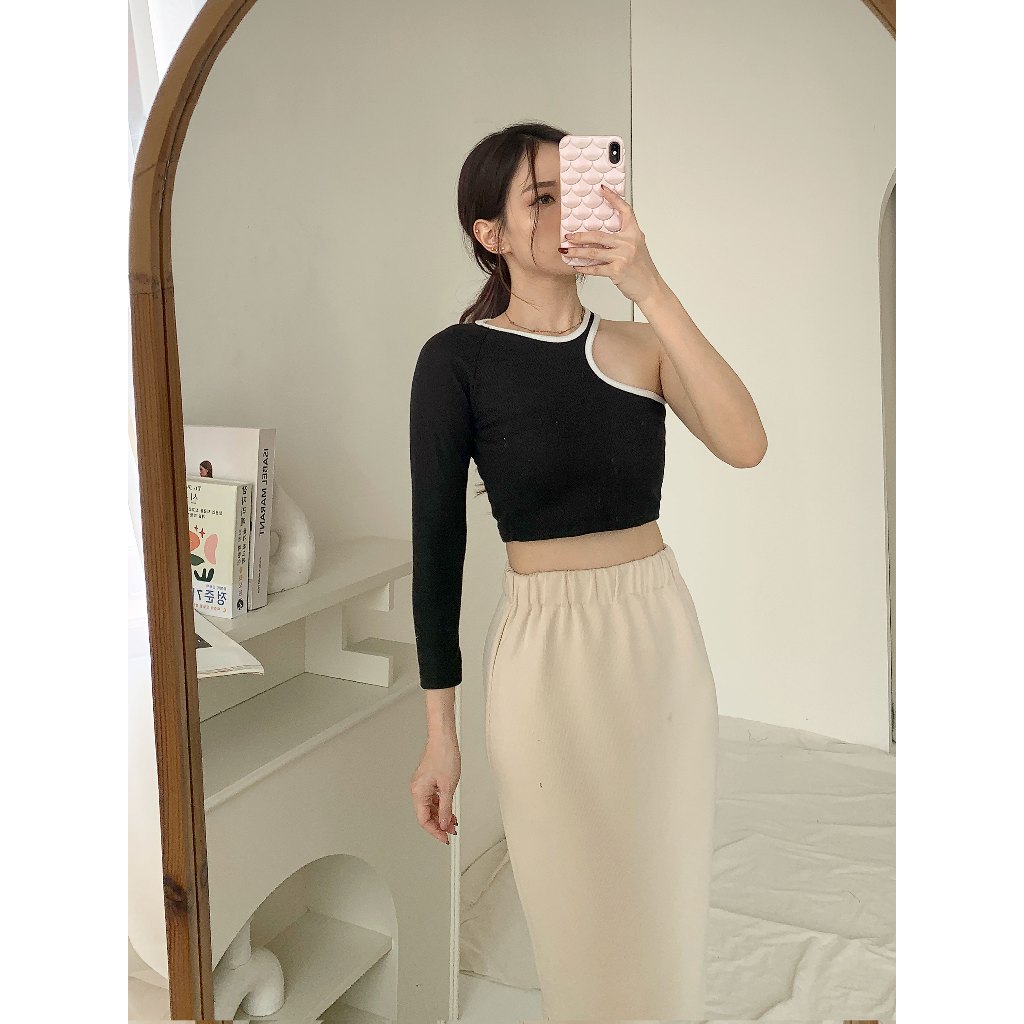 Knit Korean Longsleeve Crop Top One Shoulder Tank Top Kaos Lengan Panjang Rajut Baju Atasan Wanita B