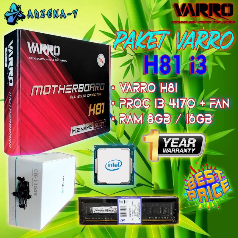 Paket Motherboard Varro H81 + Proc Core i3 4170 3.7Ghz + Ram Ddr3 8Gb / 16Gb