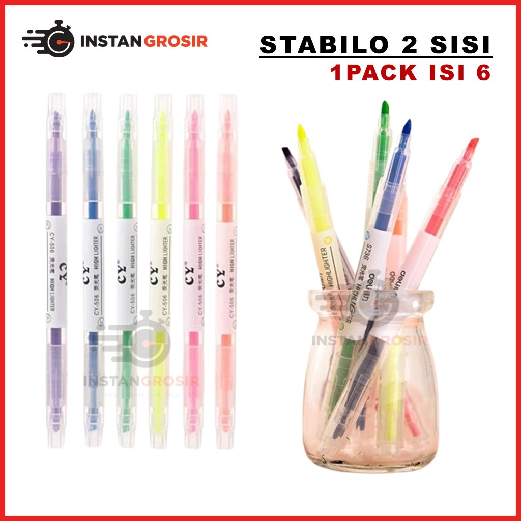 

Stabilo 2 Sisi Warna Warni Isi 6pcs Penanda Garis kunci Spidol Highlighter Pen Dua Arah colorful 2in1