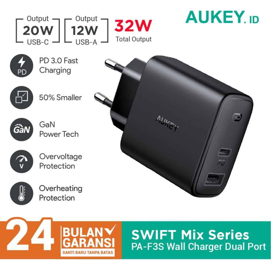 Charger Aukey PA-F3S Swift Mix 32W Power Delivery NEW  Aukey Charger Iphone Samsung Quick Charge 3.0 &amp; AiPower ORIGINAL GARANSI