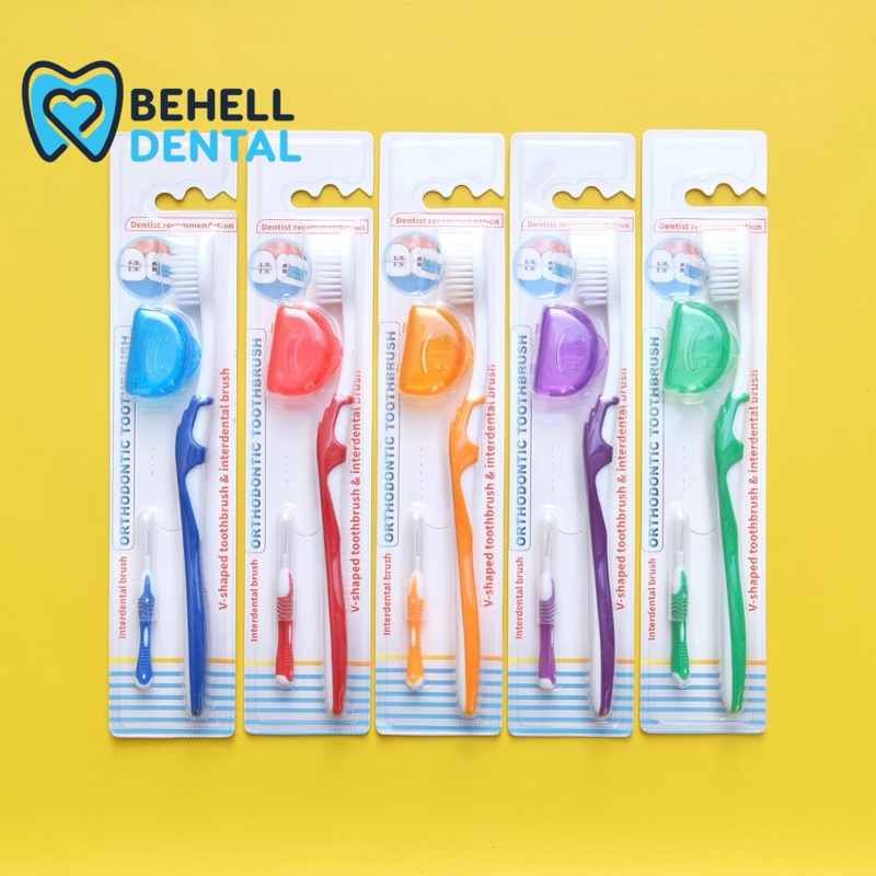 Sikat Gigi Behel BONUS INTERDENTAL BRUSH Ortho V PREMIUM Dengan Tutup LURUS bisa di BENGKOK in - BRU