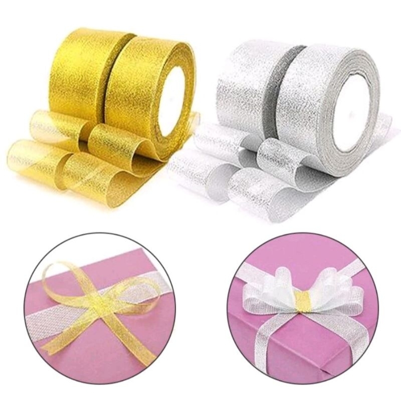 

Pita Emas / Perak 1/4" inch inci (+- 0.6cm) Panjang 20 yard pita kado kain