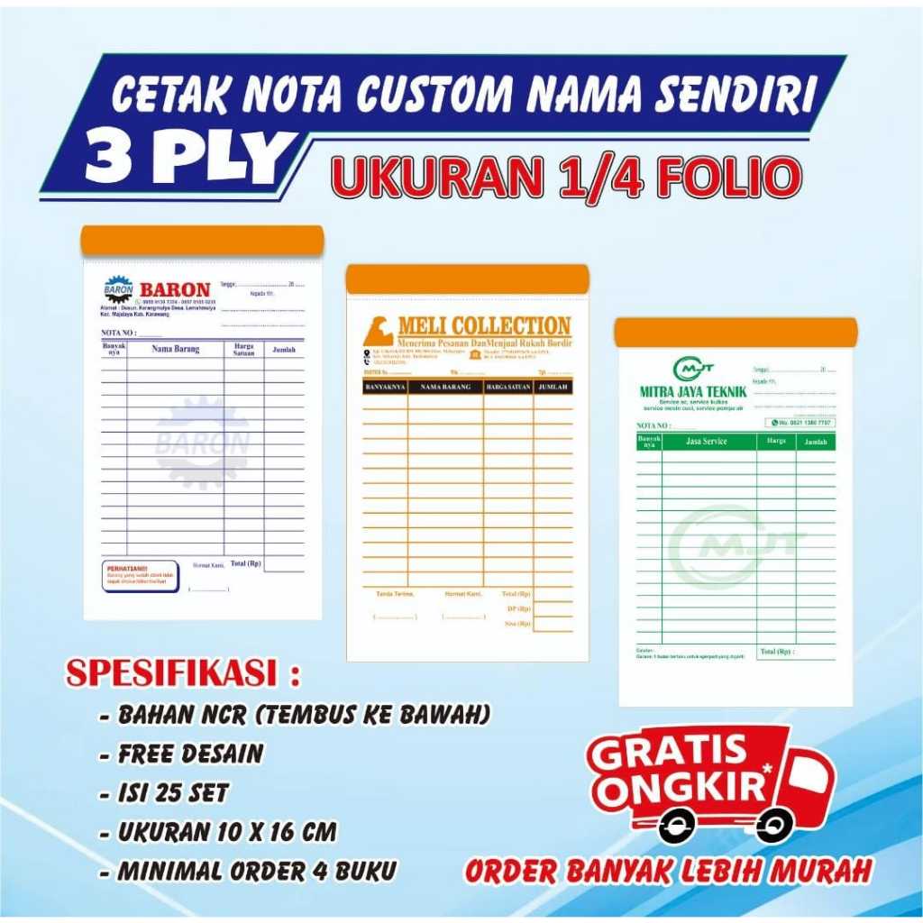 

Cetak Nota Custom Nama Sendiri 3ply Isi 25 set Ukuran Sedang free desain rahmat jaya grafika