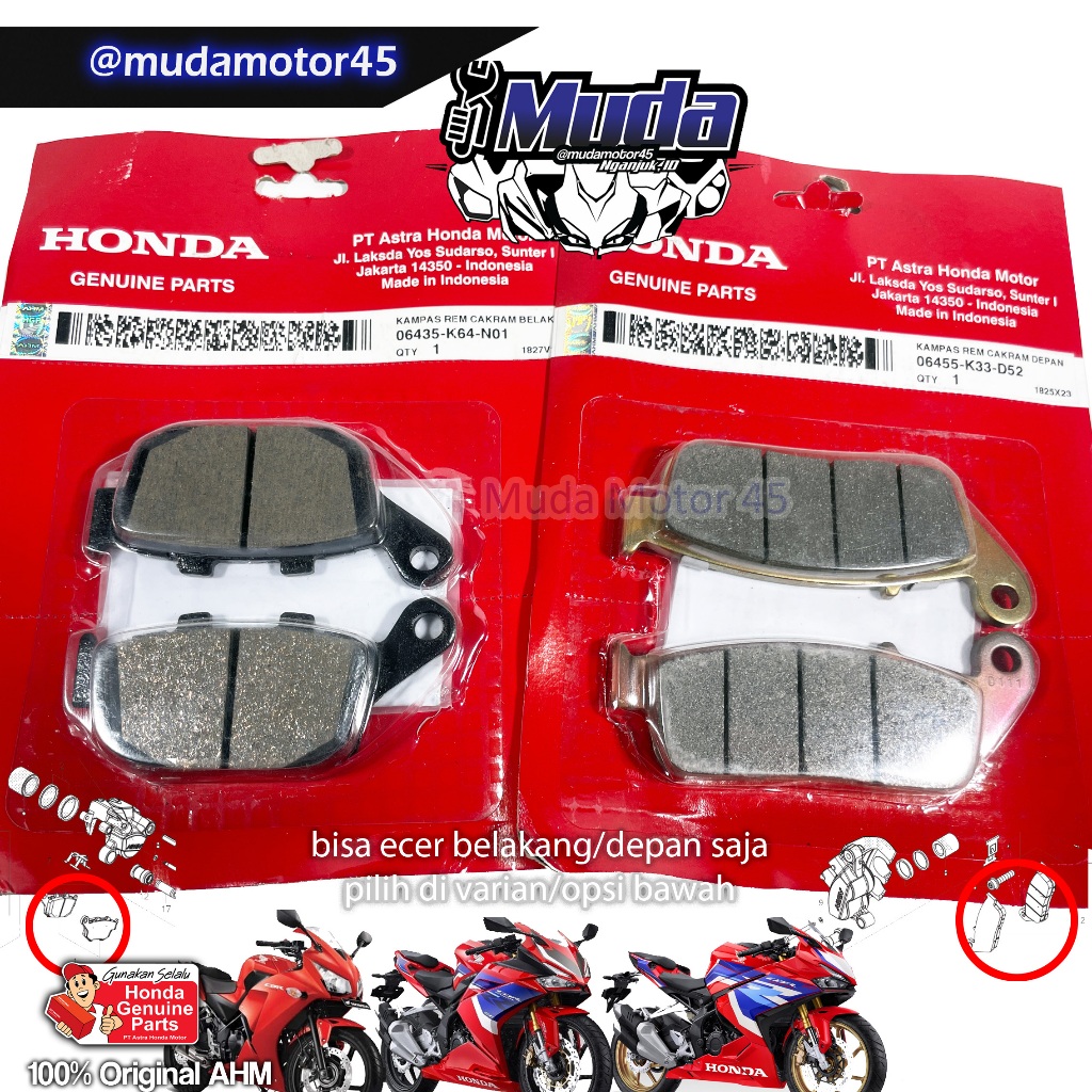 KAMPAS REM SET DEPAN BELAKANG CBR250RR 06455-06435-K64-K33 CBR 250 BABY RR ABS NON KANVAS BRAKE SHOE