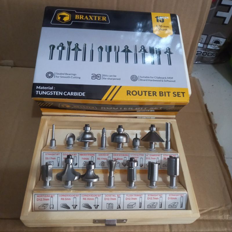 BRAXTER Mata Propil 15 Pcs  Mata Trimmer  Mata Router Bit Set Box kayu