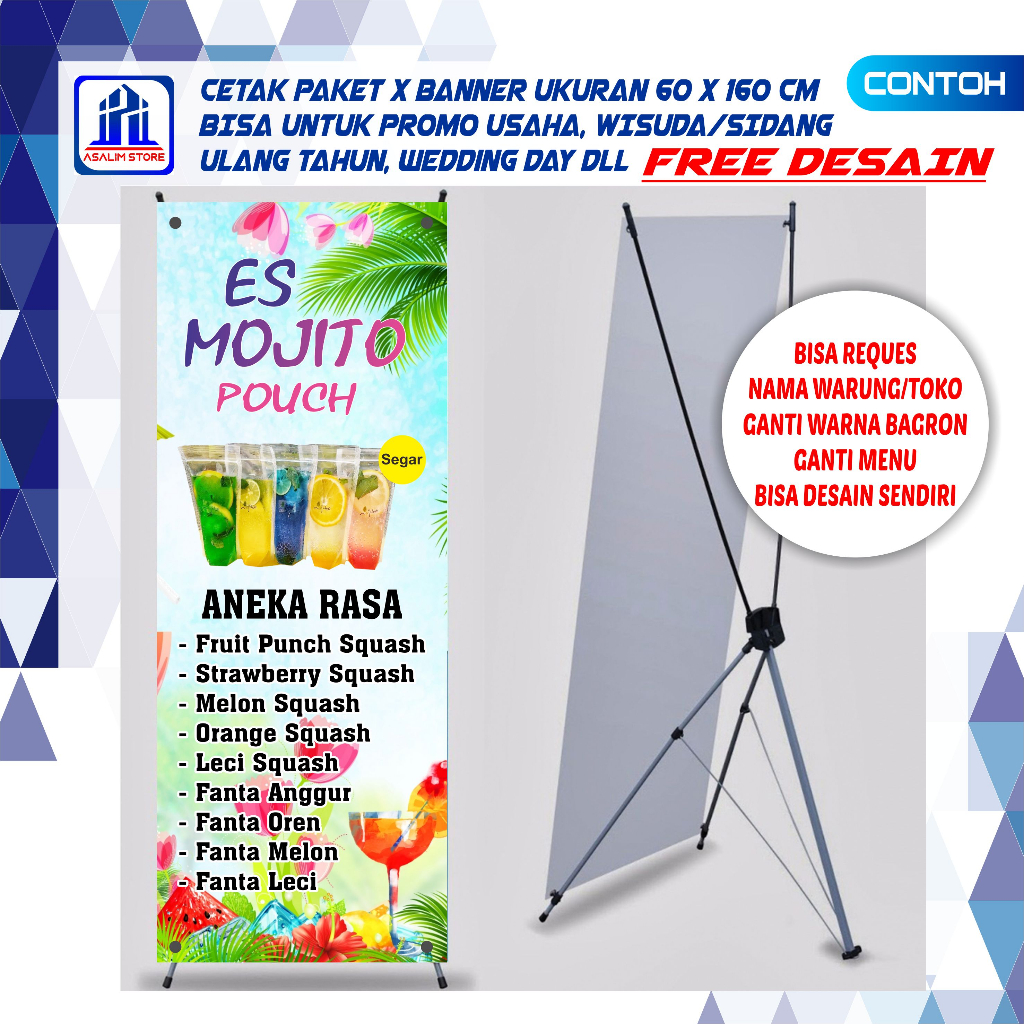 Spanduk Es Mojitos Pop ice 60x160 cm Standing X Banner Promosi Spanduk  Backdrop  Custom FREE DESAIN