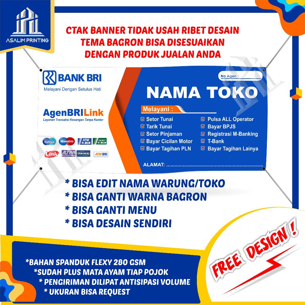 (Bisa COD) Spanduk Agen Brilink Banner Jualan Backdrof Custom Baliho X Benner Makanan Sepanduk Dagan