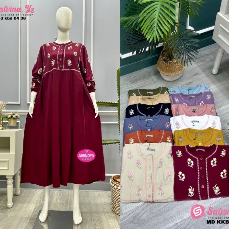 Anindya Fashion Presents Busana Muslim Wanita Midi Dress Cringkel Bordir Bunga 0436 Salvina Gaun Leb