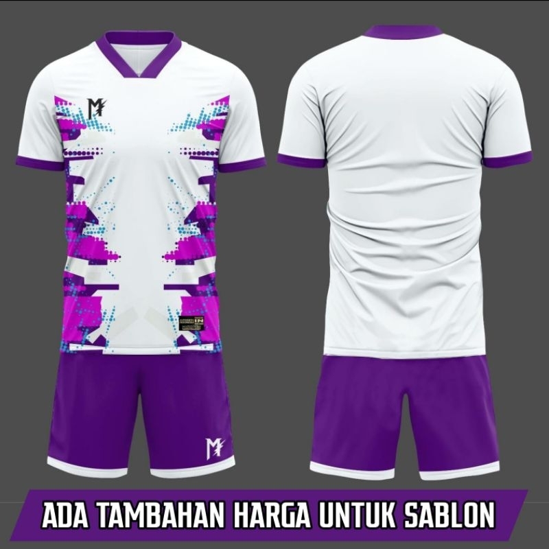 MUZAKAR Baju Futsal Setelan Stelan Jersey Bola Putih Ungu, Bisa Sablon