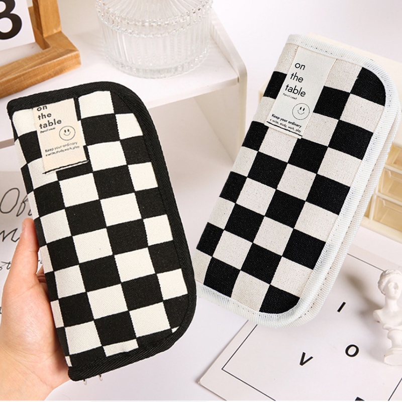 

[DOTDING] Canvas Checkerboard Pencil Case Large Capacity Portable Pen Bag Pouch Organizer for Students School Supplies Stationery