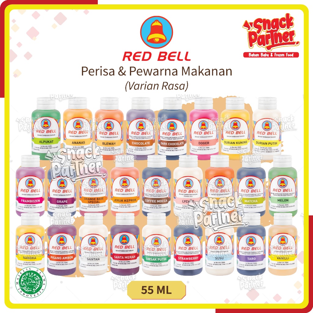 

RED BELL 55 ML | PERISA PEWARNA MAKANAN - Paste Pasta Alpukat Ananas Vanilla Vanilli Blewah Red Velvet Chocolate Choco Coklat Blackforest Kopi Coffee Mocca Durian Frambozen Kopyor Leci Matcha Melon Nangka Pandan Pisang Ambon Strawberry Susu Taro