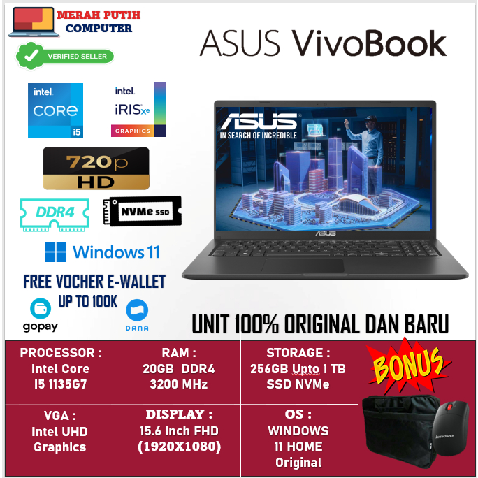 Laptop Asus Vivobook F1500EA Intel Core I5 1135G7 20GB 1 TB SSD 15.6 Inch FHD Win 11 Home Original