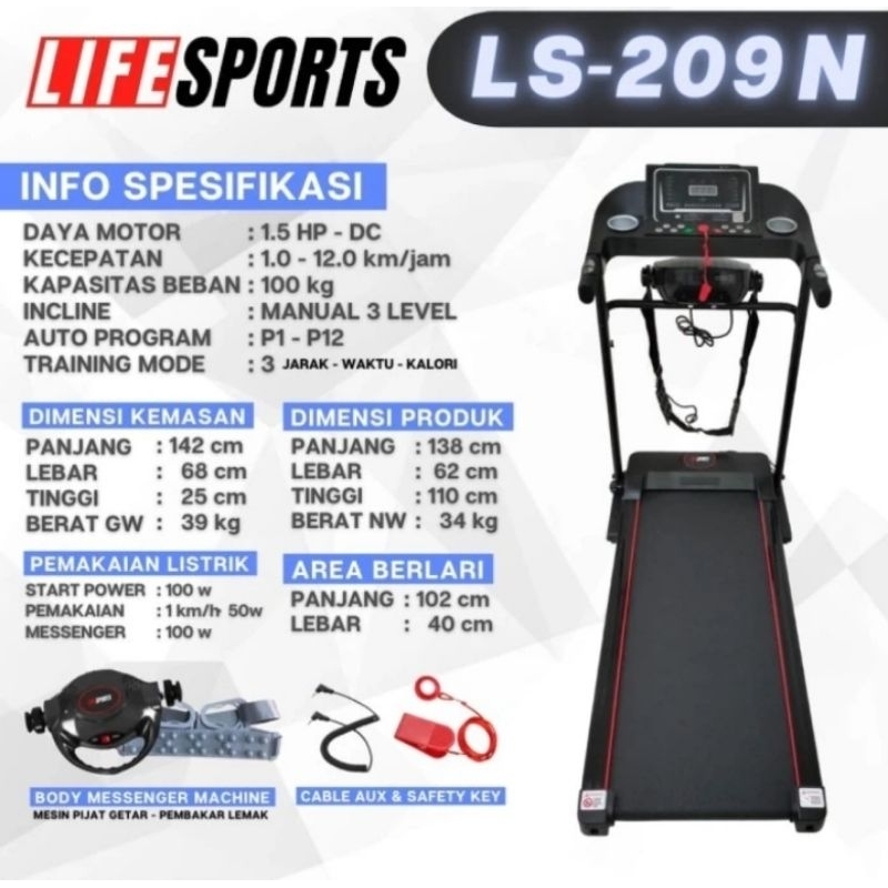 TREADMILL ELEKTRIK 2 FUNGSI LIFE SPORT LS209N / LS-209N