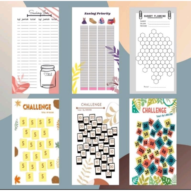 

10 Lembar Saving Challenge A6 ( Sudah ada Lubang ) Budget Planning / Rencana Menabung Di rumah ,Loose Leaf, 6 Motif, Menabung Dirumah, Keuangan Refill Binder, Isi Binder